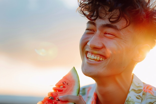 Free Photo portrait of person eating watermelon