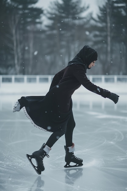 Free photo portrait of person ice skating outdoors during winter time