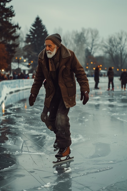 Free photo portrait of person ice skating outdoors during winter time