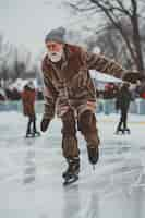 Free photo portrait of person ice skating outdoors during winter time