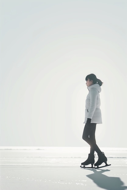 Portrait of person ice skating outdoors during winter time