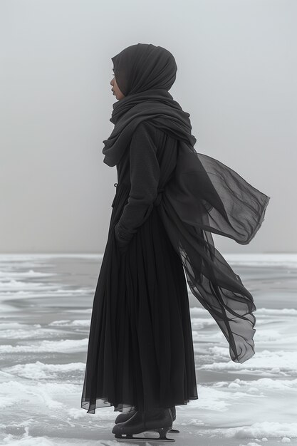 Portrait of person ice skating outdoors during winter time