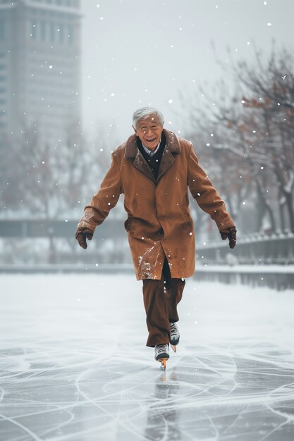 Portrait of person ice skating outdoors during winter time