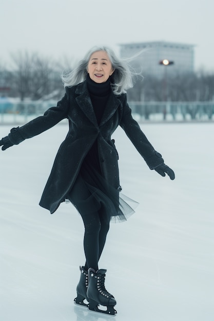 Portrait of person ice skating outdoors during winter time