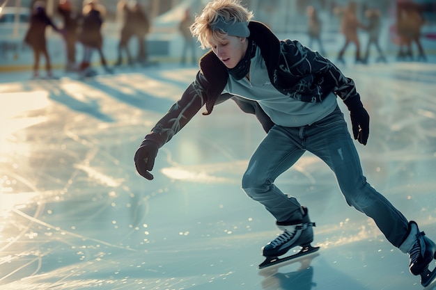 Portrait of person ice skating outdoors during winter time