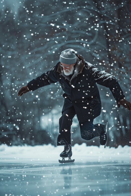 Portrait of person ice skating outdoors during winter time