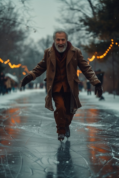 Portrait of person ice skating outdoors during winter time