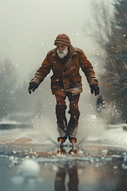 Portrait of person ice skating outdoors during winter time