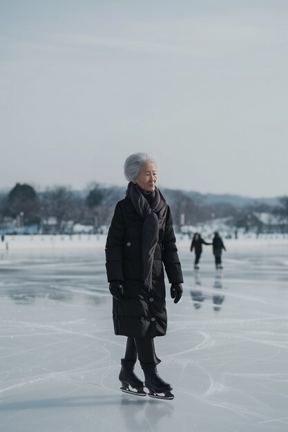 Portrait of person ice skating outdoors during winter time