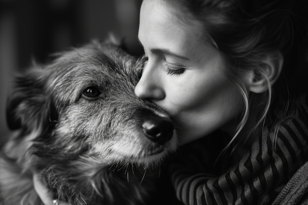 Free photo portrait of person kissing their pet