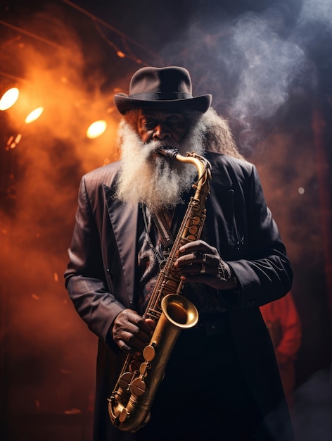 Portrait of person playing music on saxophone