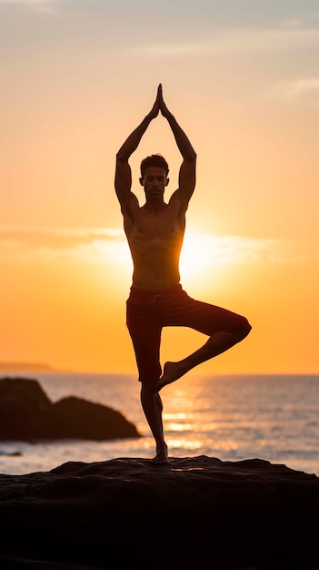 Portrait of person practicing yoga on the beach at sunset