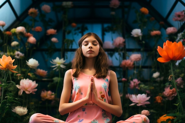 Portrait of person practicing yoga with floral background