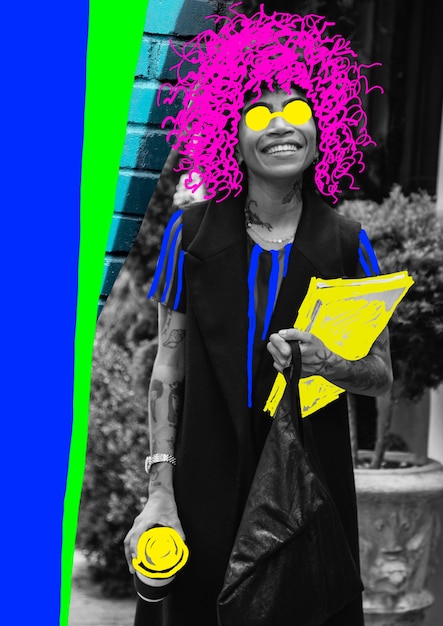 Portrait of person with collage technique and color blocking