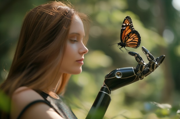 Portrait of person with futuristic bionic body part