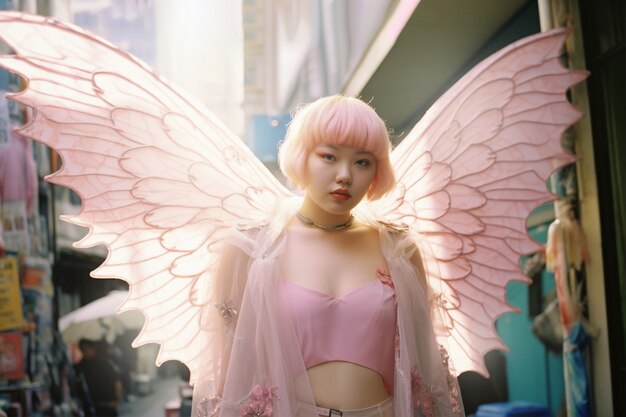 Free photo portrait of person with magical wings and fairy core aesthetic