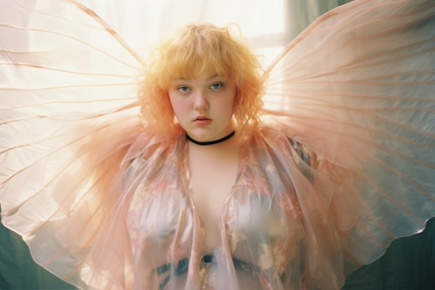 Free photo portrait of person with magical wings and fairy core aesthetic