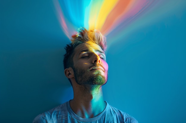 Free Photo portrait of person with rainbow colors symbolizing thoughts of the adhd brain