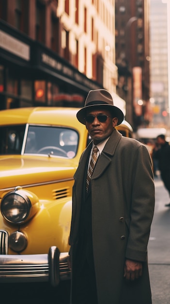 Portrait of person with yellow taxi in new york city