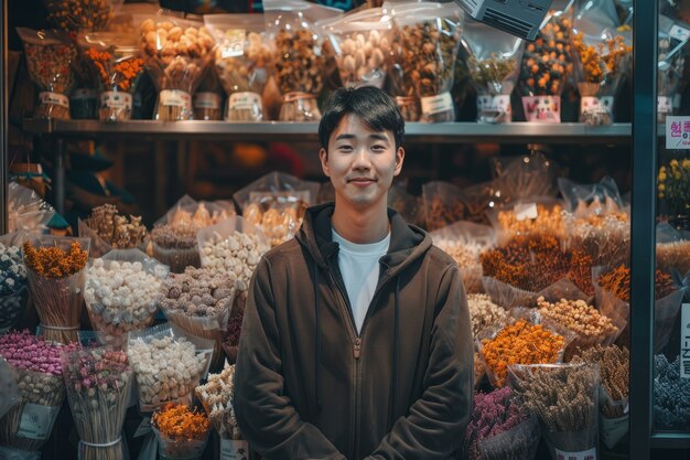 Portrait of person working at a dried flowers shop