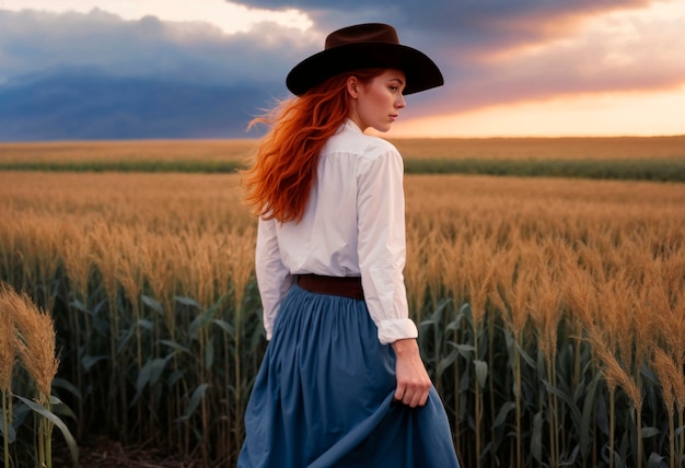 Portrait of photorealistic female cowboy at sunset