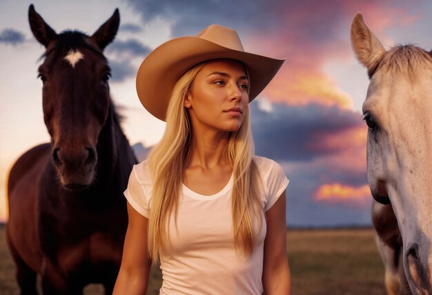 Portrait of photorealistic female cowboy at sunset