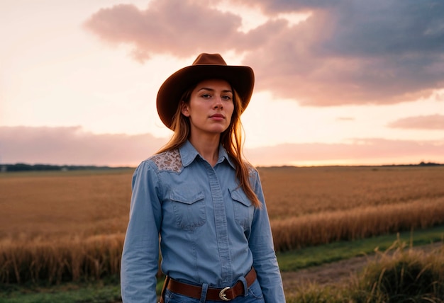 Portrait of photorealistic female cowboy at sunset