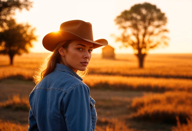 Portrait of photorealistic female cowboy at sunset