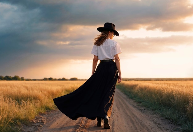 Free photo portrait of photorealistic female cowboy at sunset