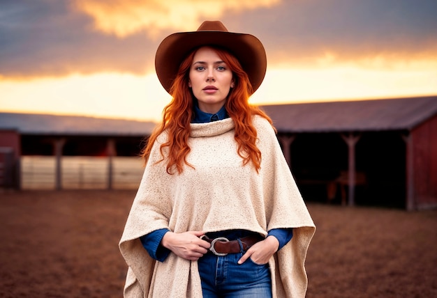 Portrait of photorealistic female cowboy at sunset