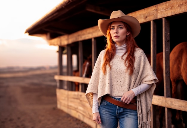 Portrait of photorealistic female cowboy at sunset