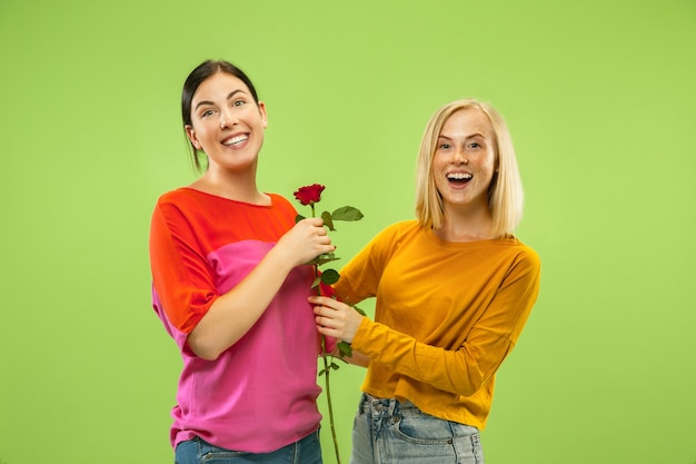 Portrait of pretty charming girls in casual outfits isolated on green studio wall