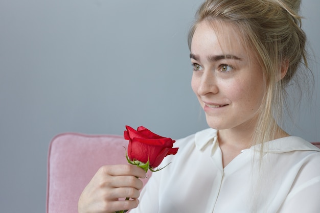 Free photo portrait of romantic gorgeous young female with gathered fair hair having playful dreamy expression, biting lips, posing indoors with beautiful red rose from mysterious admirer. valentine's day