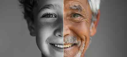 Free photo portrait of same young and old man smiling ai generated