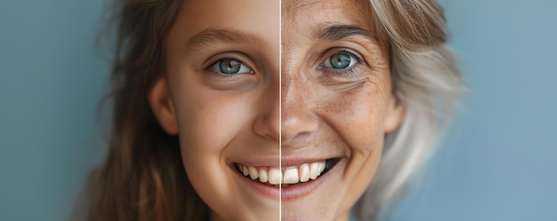 Free Photo portrait of same young and old woman smiling ai generated