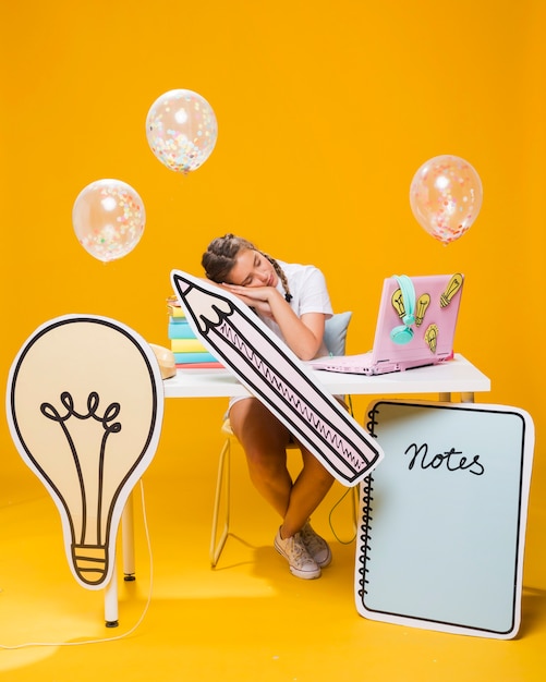 Free Photo portrait of schoolgirl on a memphis background