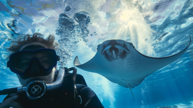 Free photo portrait of scuba diver in the sea water with marine life