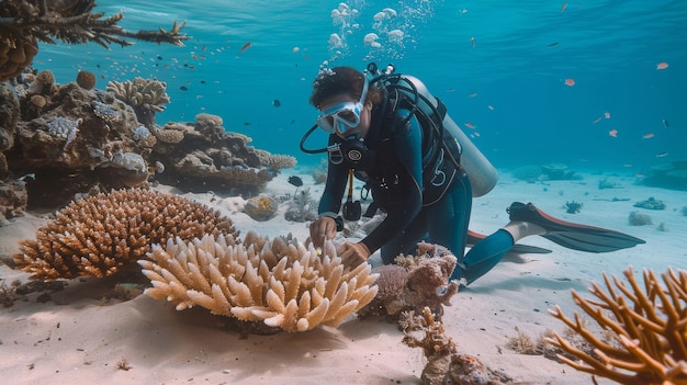 Free photo portrait of scuba diver in the sea water with marine life