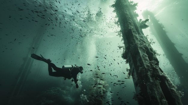 Free photo portrait of scuba diver in the sea water with marine life