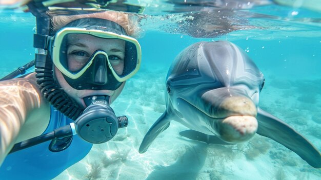 Free photo portrait of scuba diver in the sea water with marine life