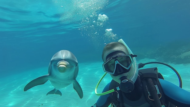 Free photo portrait of scuba diver in the sea water with marine life