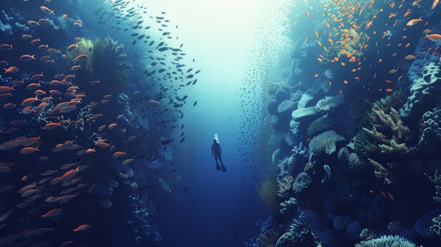 Free photo portrait of scuba diver in the sea water with marine life