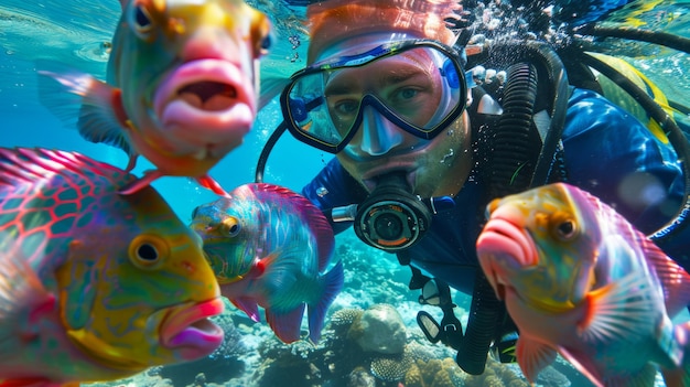 Free photo portrait of scuba diver in the sea water with marine life