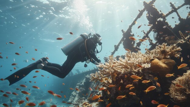 Portrait of scuba diver in the sea water with marine life