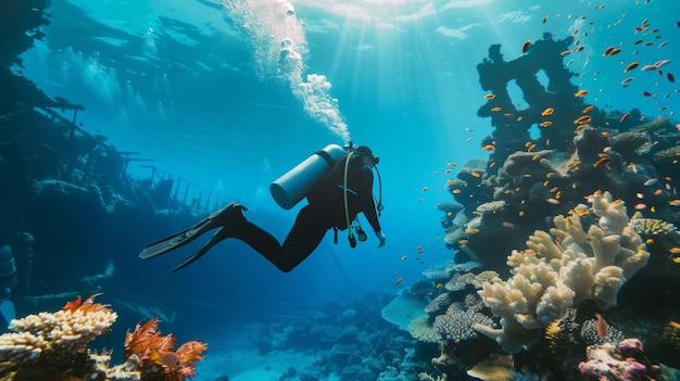 Portrait of scuba diver in the sea water with marine life