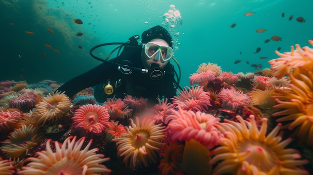 Portrait of scuba diver in the sea water with marine life