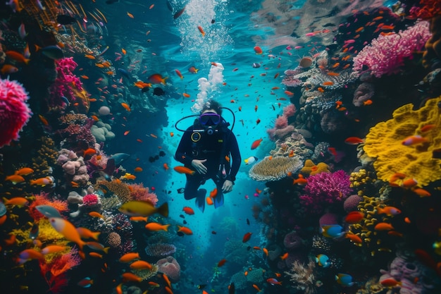 Free photo portrait of scuba diver in the sea water with marine life