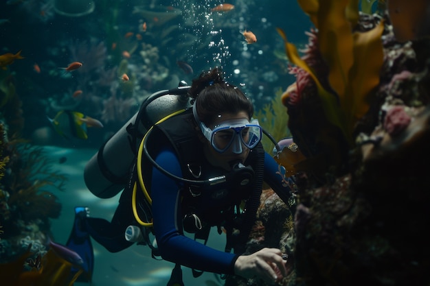 Portrait of scuba diver in the sea water with marine life