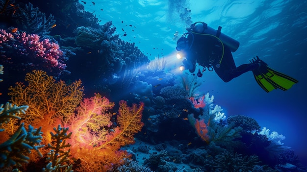 Portrait of scuba diver in the sea water with marine life