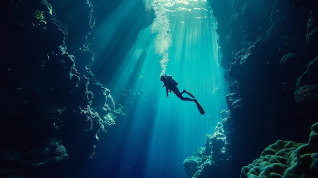 Portrait of scuba diver in the sea water with marine life